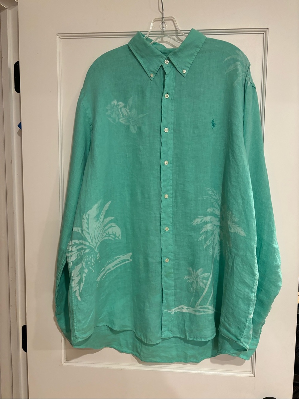Vintage Ralph Lauren Y2K Linen Tropical Shirt Mint White Palm Motif Mens XL